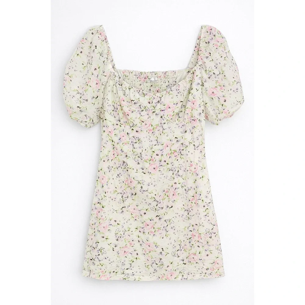 H&M Floral‎ Milkmaid Puff Sleeve Cottagecore Mini Dress L Square Neck SmocknBack